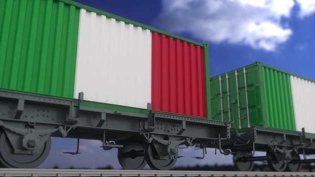 Conteneurs avec le drapeau de l'Italie Transport ferroviaire rendu 3d