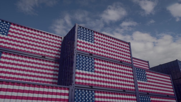 Les conteneurs du drapeau américain sont situés au terminal à conteneurs concept d'exportation ou d'importation américain rendu 3d