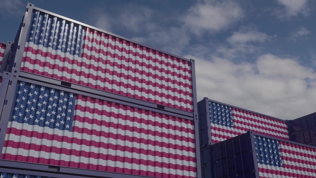 Les conteneurs du drapeau américain sont situés au terminal à conteneurs Illustration 3d du concept américain d'exportation ou d'importation