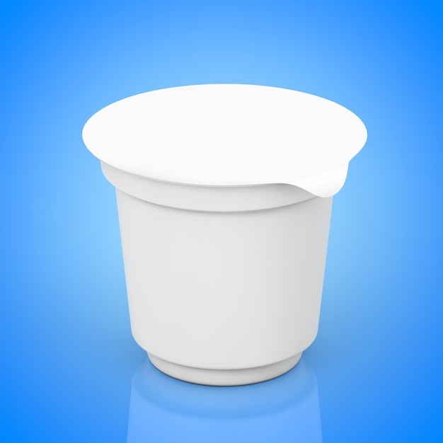 Conteneurs d'emballage blancs vierges pour yaourt, crème glacée ou dessert sur fond bleu. Rendu 3D