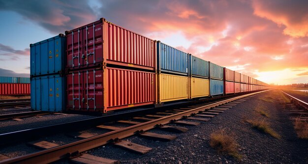 Des conteneurs de marchandises colorés à la gare au coucher du soleil Transport de marchandises