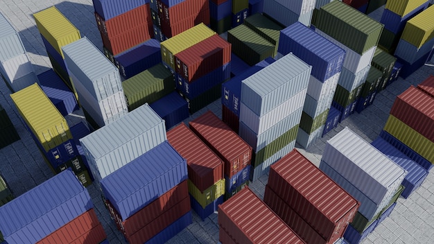 Conteneurs pour navire dans le port. Logistique. Expédition de marchandises à quai. Vue aérienne. rendu 3D