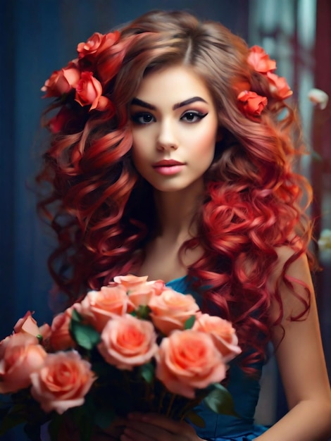 content belle fille avec un bouquet de roses sur de beaux cheveux et des cheveux pleins de couleur