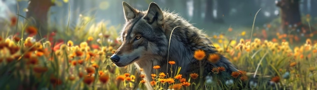 Content wolf en tant qu'environnementaliste promouvant la conservation dans une prairie sauvage