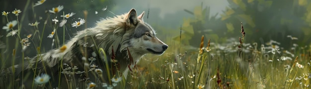 Content wolf en tant qu'environnementaliste promouvant la conservation dans une prairie sauvage