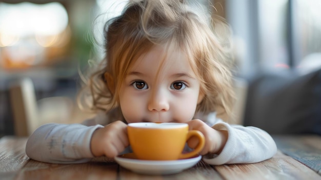 Contenu chaud dangereux Petit enfant tend la main à une tasse de thé chaud sur la table Risque d'échauffement pour les enfants