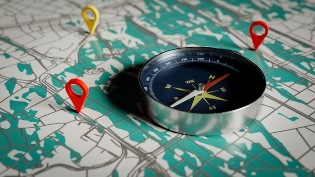 Contexte basé sur le concept de services locaux basés sur la localisation avec une boussole sur une carte rendu 3D