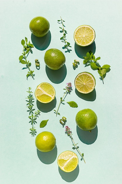 Photo contexte créatif fait de citron vert, menthe et herbes aromatiques sur fond vert pastel. concept alimentaire. mise à plat.