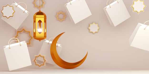 Contexte islamique avec lanterne et croissant près de sacs à provisions