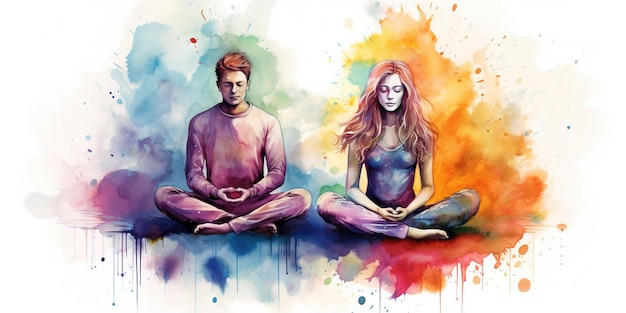 Contexte de méditation de couple tranquille explorant les chakras prana l'esprit de Dieu et la spiritualité à travers une belle illustration à l'aquarelle AI Generative AI