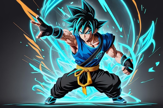 Le contour cyan néon et le corps entier noir Goku super syain Goku ultra instinct dans le style wpap pop art