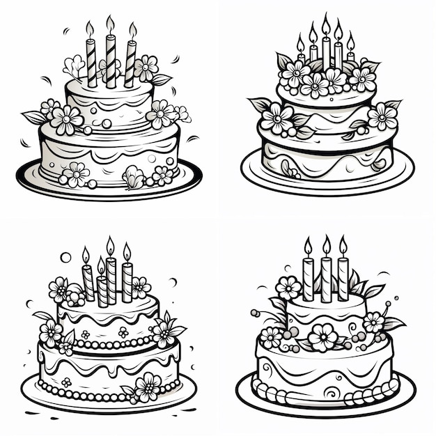 Photo contour de gâteau d'anniversaire dessiné à la main illustration page de livre à colorier pour enfants