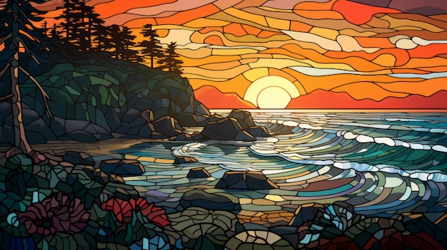 Contour Line Sunset Un superbe océan de vitraux dans l'art canadien