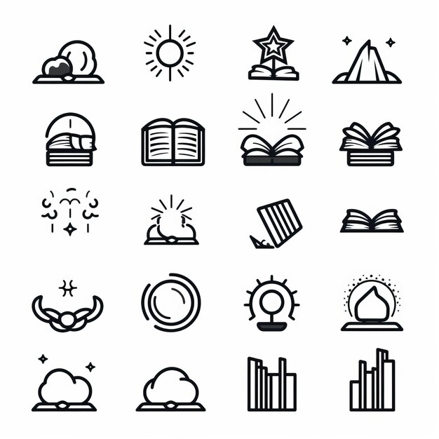 Contour minimaliste de plusieurs icônes de livres SVG en noir et blanc sur fond blanc