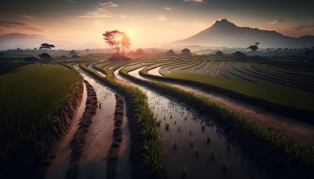 Un contour serein de rizières au coucher du soleil