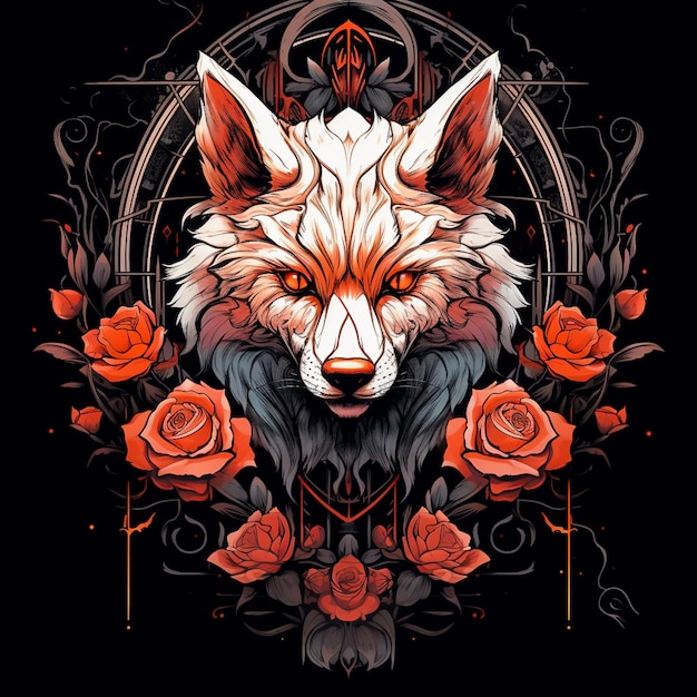 Contour symétrique de renard et de roses d'un crâne caricatural pour étui à tasse t-shirt