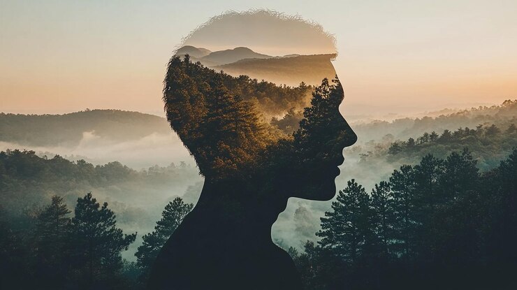 Photo le contour d'une tête humaine rempli d'un paysage serein symbolise la paix intérieure l'harmonie et la pleine conscience