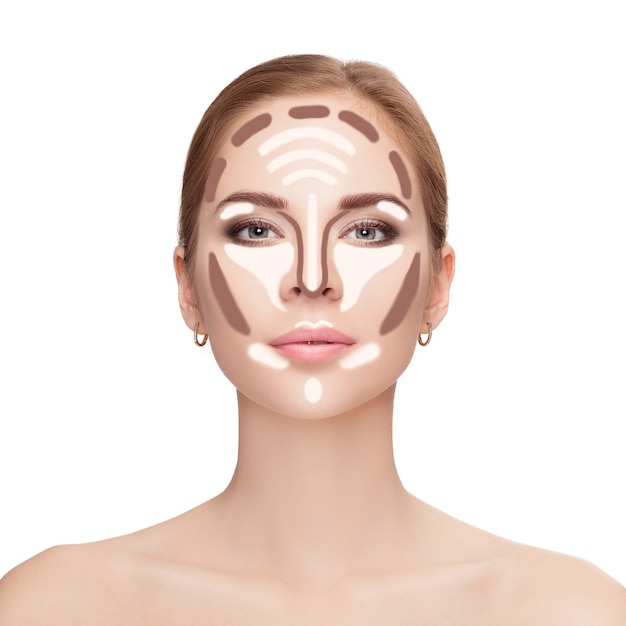 Contouring. Maquillage visage de femme sur fond blanc. Contour et mise en valeur du maquillage. Échantillon de maquillage professionnel pour le visage