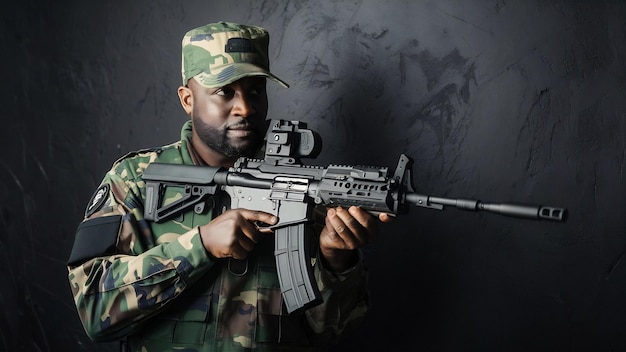 Photo un contractuel du service de sécurité privé en uniforme de camouflage posant avec un fusil d'assaut