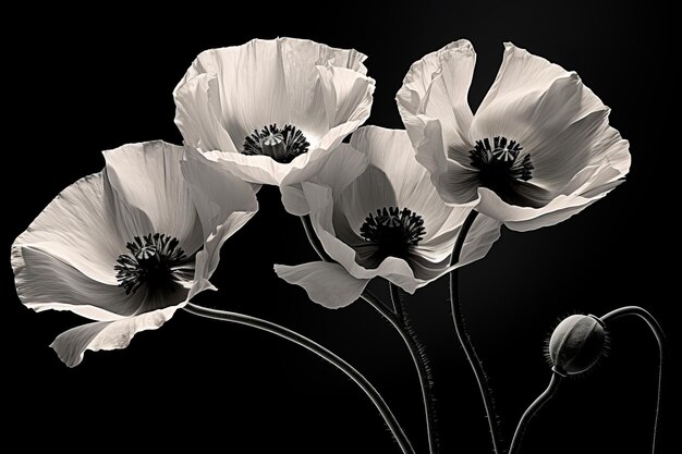 Contrast fascinant Des fleurs de pavot hypnotisantes sur un fond noir et blanc