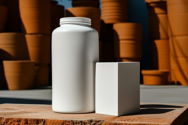 Photo contraste d'une bouteille blanche contre un bloc de béton solide