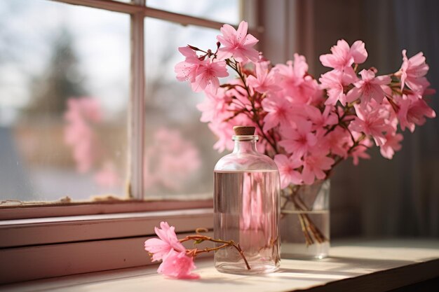 Un contraste captivant Une délicate symphonie de fleurs roses et d'eau rafraîchissante au milieu de la lumière naturelle