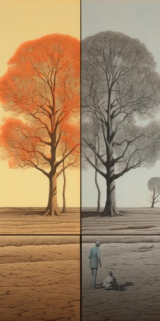 Contraste clair-obscur Deux dessins d'arbres en orange clair et en gris foncé