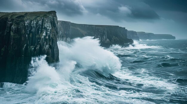 Photo le contraste dramatique d'une mer orageuse avec des vagues imposantes s'écrasant contre des falaises escarpées montrant la puissance brute de la nature