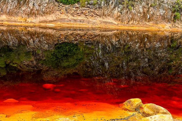 Le contraste entre les sédiments rouges et les eaux réfléchissantes à Rio Tinto