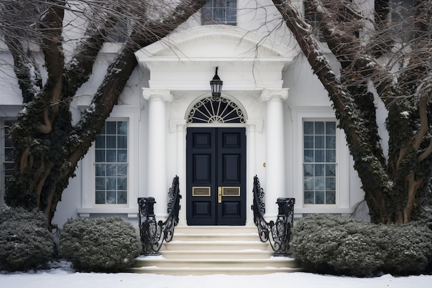 Contraste harmonieux La belle porte d'entrée noire embrassant la maison blanche au milieu d'arbres sereins