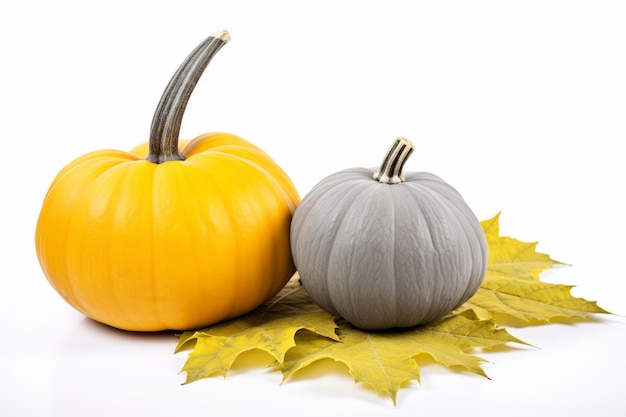 Des contrastes captivants Une citrouille grise et des feuilles gracieusement posées sur un fond blanc