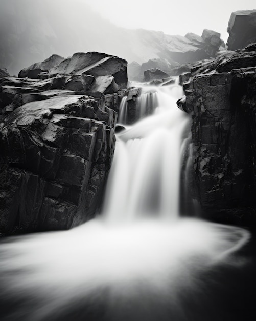 Contrastes de roches déchiquetées de la nature et d'eau douce qui coule dans une longue exposition minimaliste