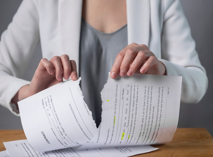 Photo contrat déchiré entre les mains a résilié le concept d'accord déchirant le document papier et enfreignant les règles
