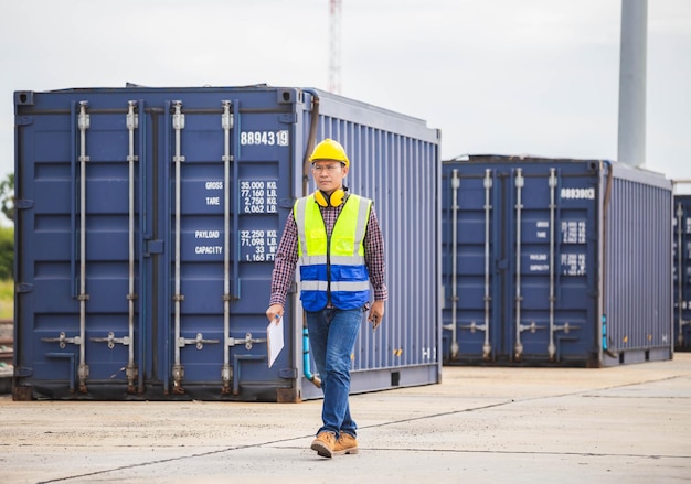 Contremaître docker dans un casque et un gilet de sécurité contrôlent la boîte de conteneurs de chargement de la cargaison Ingénieur avec liste de contrôle du presse-papiers dans la cargaison de conteneurs de l'industrie