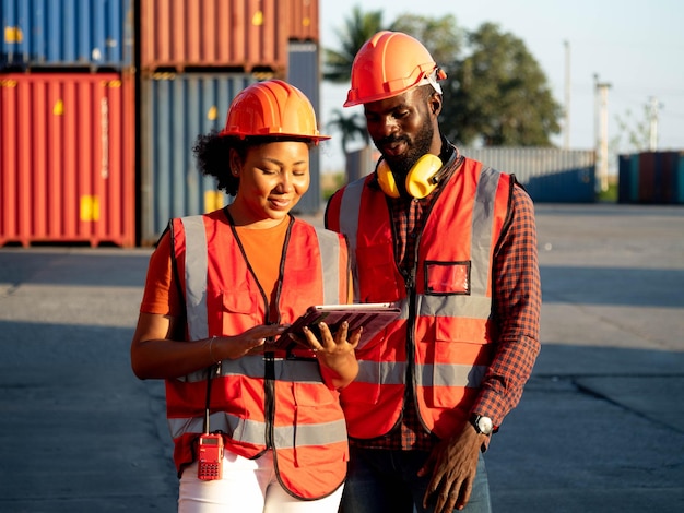 Contremaître ingénieur chef de travail mâle porter casque casque sécurité parler femmes d'affaires superviseur usine sud-africaine discuter import export conteneur architecture technologie chantier travail d'équipe