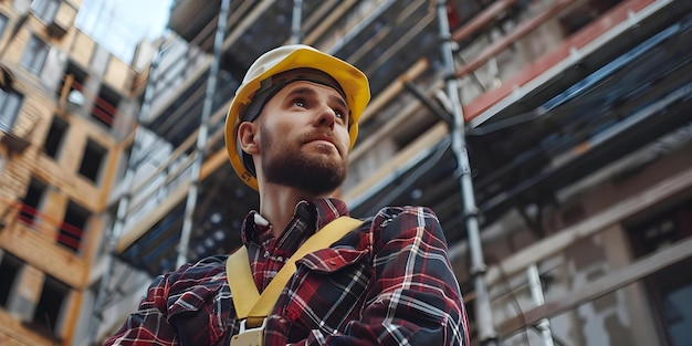 Le contremaître supervise la sécurité des travailleurs sur l'échafaudage sur le chantier de construction lors de l'inspection des harnais Concept Sécurité de la construction Inspection de l'écaveau Supervision des travailleurs Rôle du contremaître Sécurité du harnais