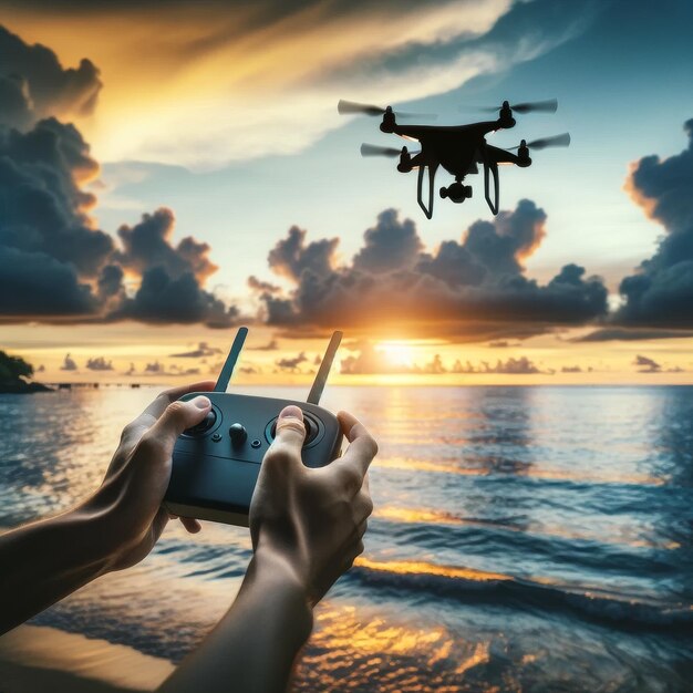 Photo contrôle à distance en mains pilotant un drone au coucher du soleil au-dessus de l'océan concept d'exploration d'aventure