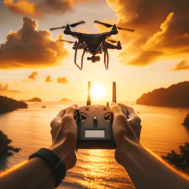 Photo contrôle à distance en mains pilotant un drone au coucher du soleil au-dessus de l'océan concept d'exploration d'aventure