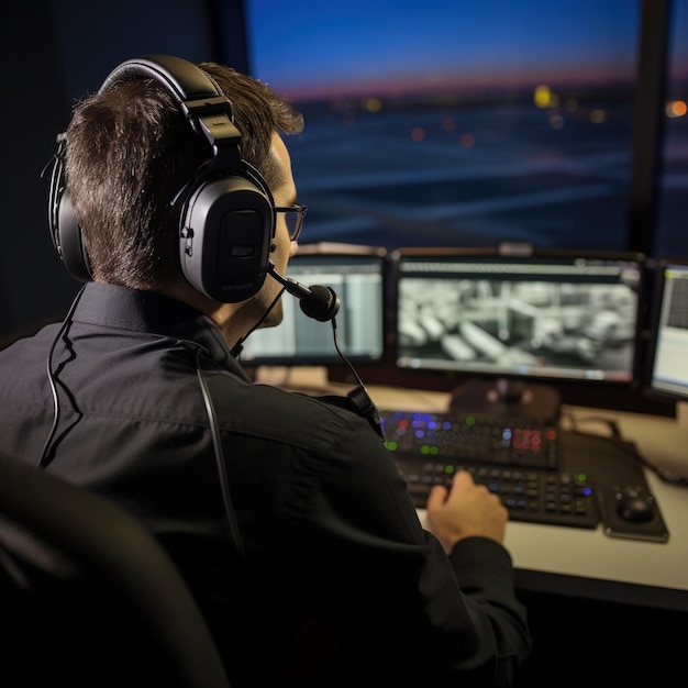 Un contrôleur aérien portant un casque travaille la nuit dans la tour de l'aéroport.