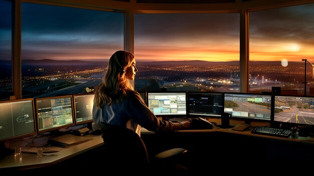 Contrôleur de la circulation aérienne assurant la sécurité et la coordination dans la salle de contrôle