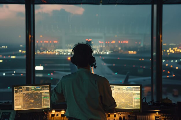 Un contrôleur de la circulation aérienne travaille dans une tour d'aéroport moderne le soir au coucher du soleil.