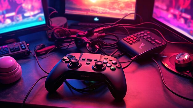 Un contrôleur de jeu est assis sur un bureau à côté d'un moniteur qui dit " xbox ".