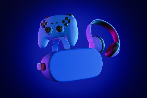 Contrôleur de jeu lunettes de réalité virtuelle écouteurs illustration 3D