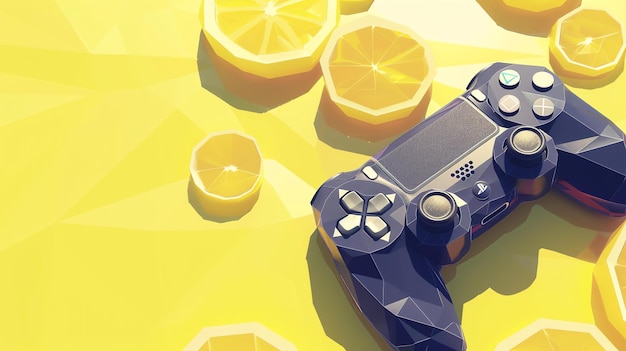 Un contrôleur de jeu vidéo noir est placé sur un fond jaune vif. Le contrôleur est entouré de tranches de citrons.
