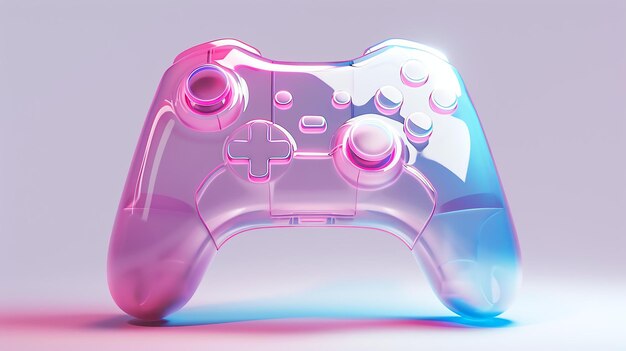 Photo un contrôleur de jeu vidéo rose et bleu translucide est assis sur une surface réfléchissante