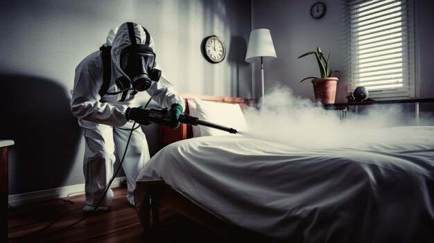 Photo un contrôleur de ravageurs en tenue de protection atomisant des insecticides dans les quartiers de couchage