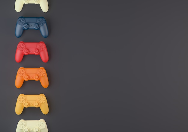 Contrôleurs de console de différentes couleurs sur un fond gris 3d