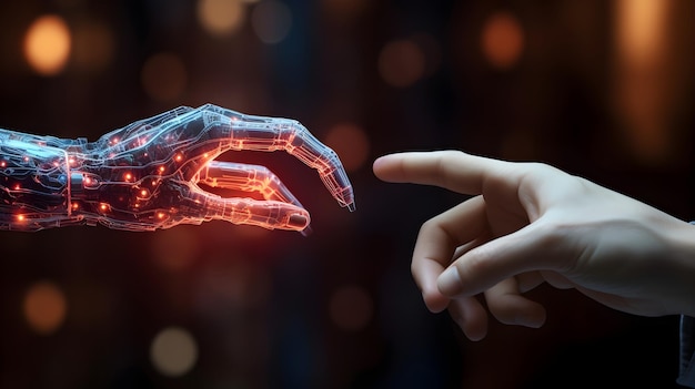 Convergence de l'humanité et de la technologie Connexion robot et main humaine
