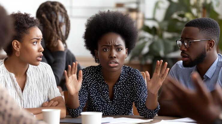 Une conversation tendue se déroule entre trois personnes assises à une table avec une femme exprimant sa préoccupation et les autres écoutant attentivement L'atmosphère est concentrée et sérieuse