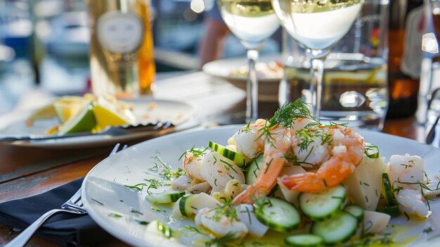 Les convives profitent d'un festin de fruits de mer dans une crique pittoresque savourant du flétan grillé, du ceviche de crevettes épicées et